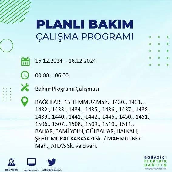 BEDAŞ İstanbul’da elektrik kesintisi yaşanacak ilçeleri paylaştı 10