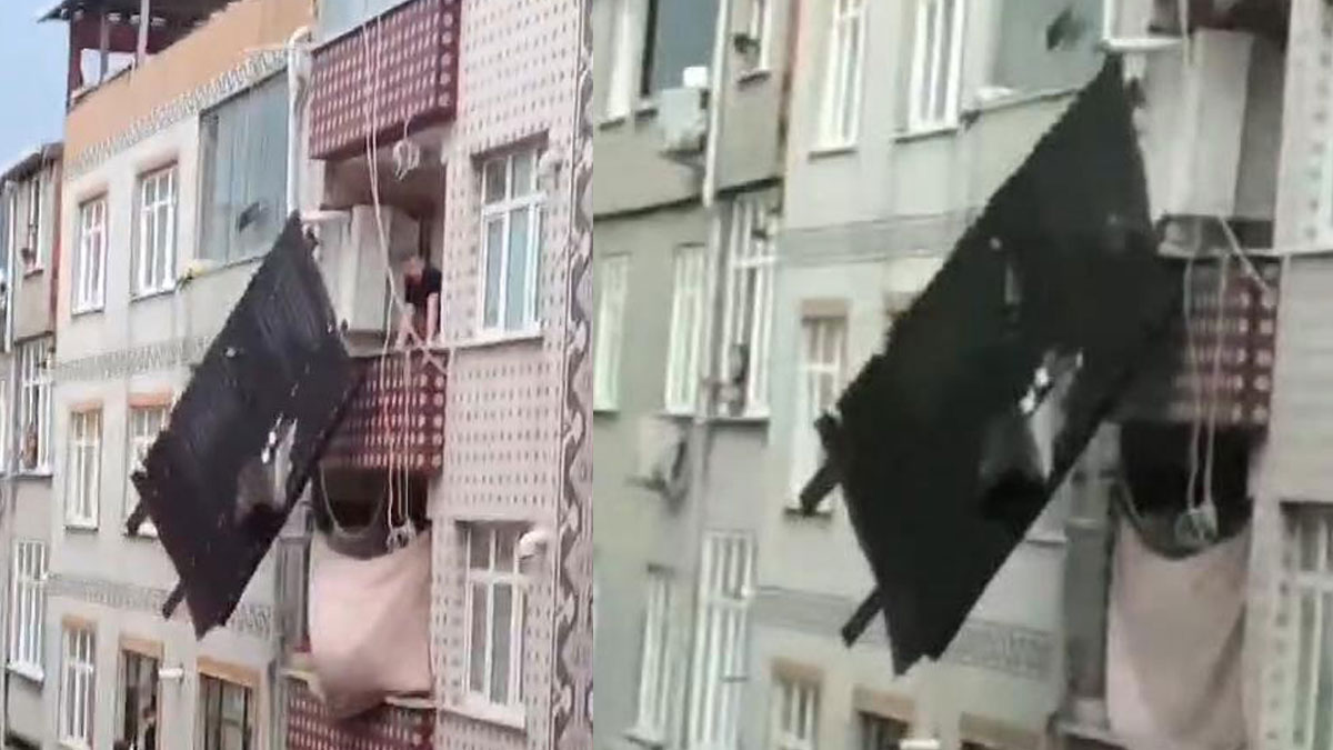 Sultangazi'de çatıdan kopan parça çamaşır ipine asılı kaldı