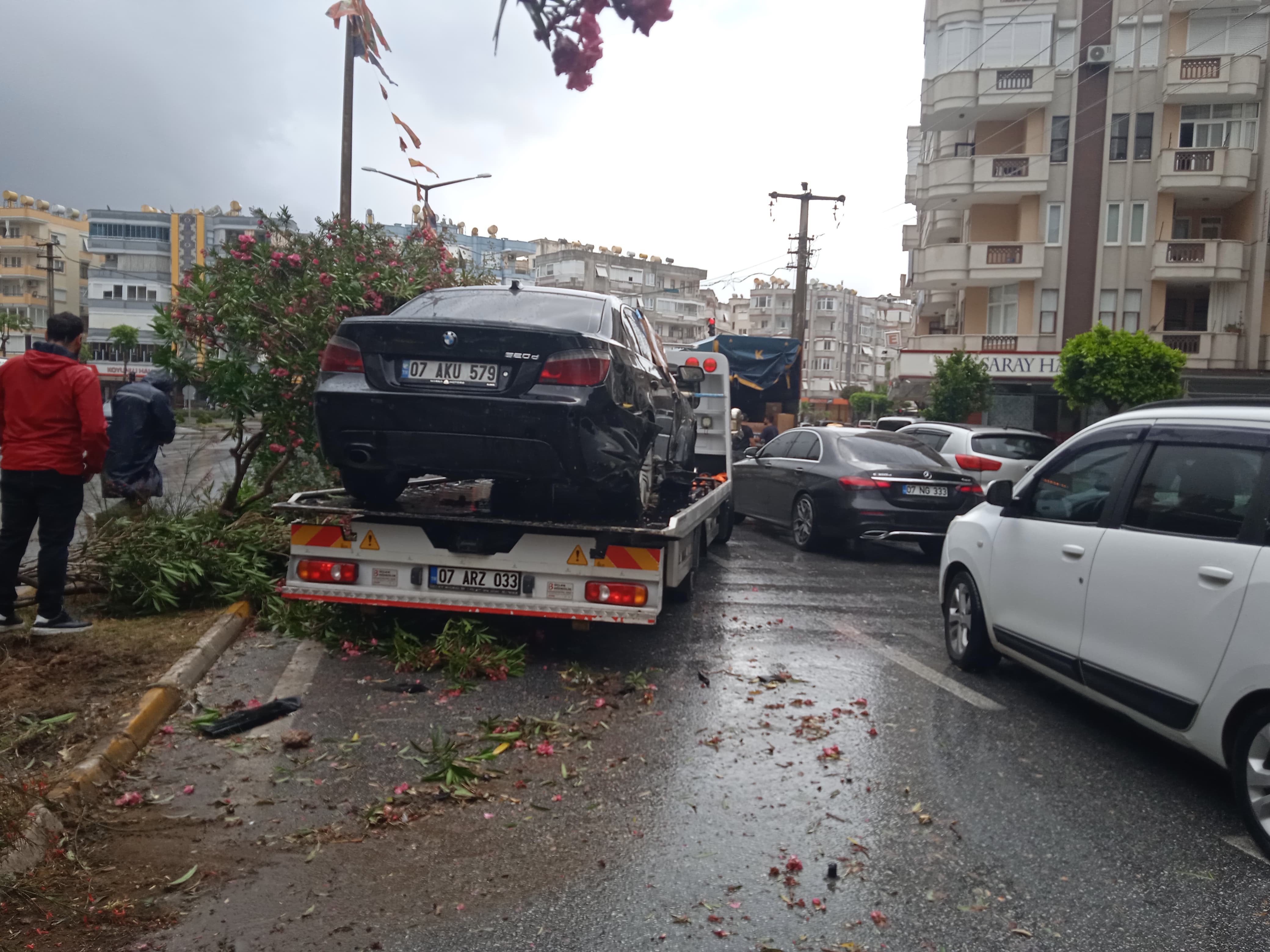 Refüje çıkan otomobil ağaçları devirdi