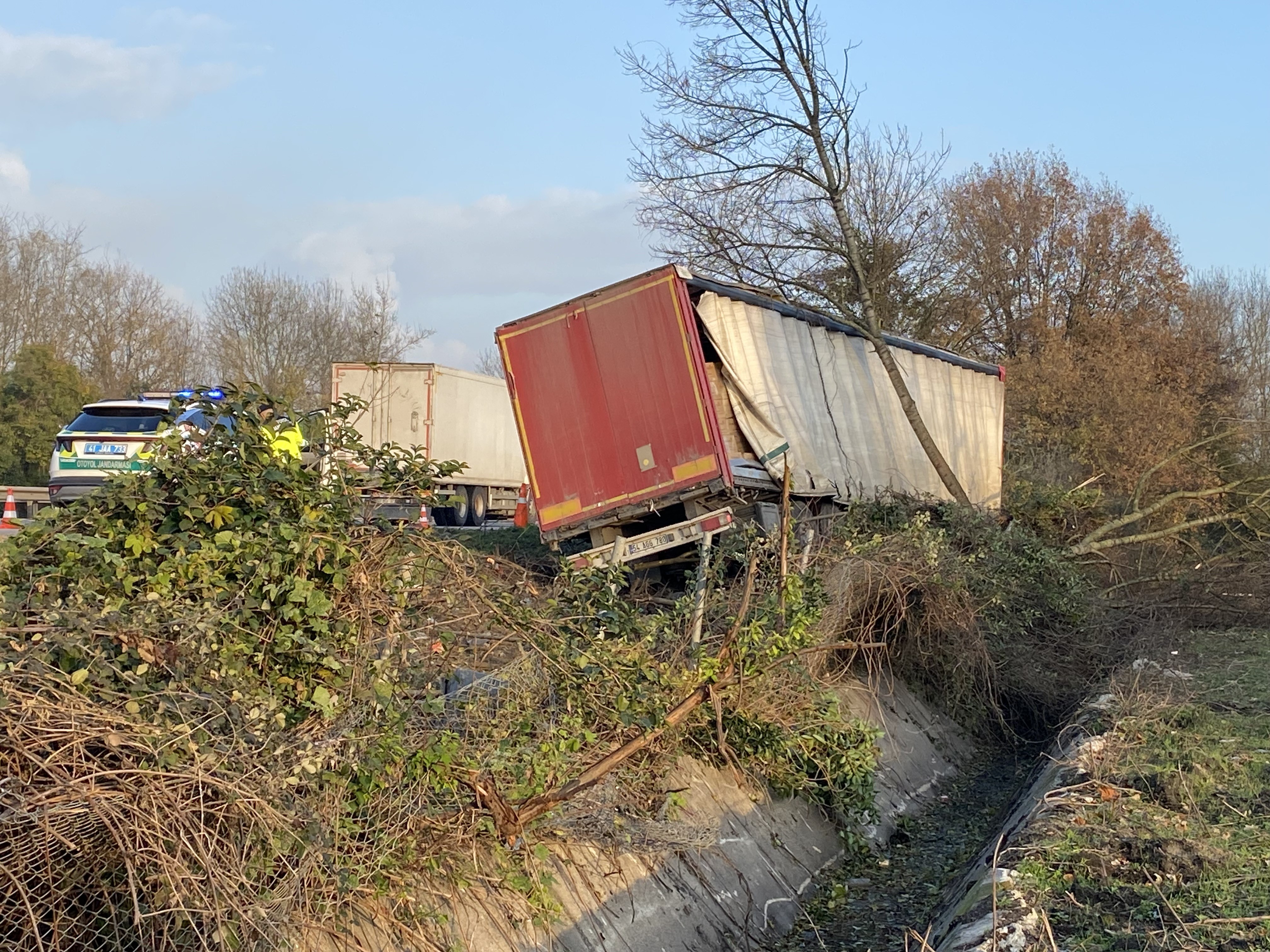 Kocaeli’de yoldan çıkan tır, ağaçlık alana uçtu