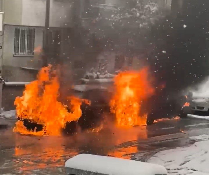 Park halindeki araçlar alev alev yandı