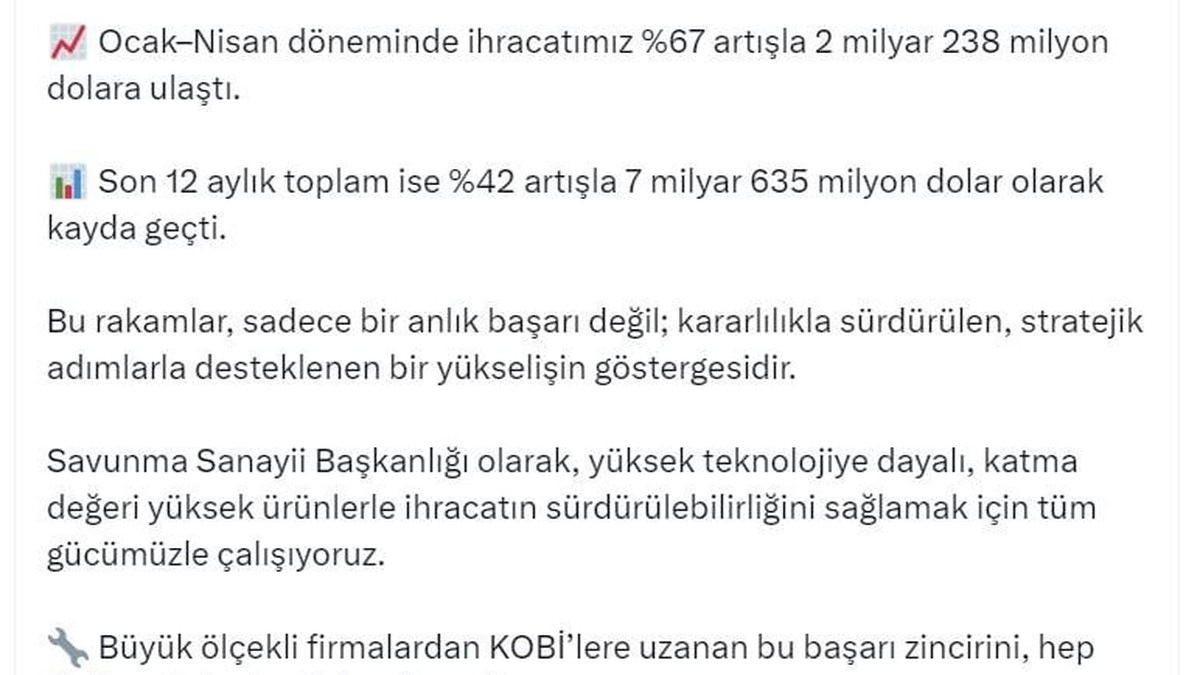 Savunma sanayi ihracatı nisan ayında 539 milyon dolara ulaştı