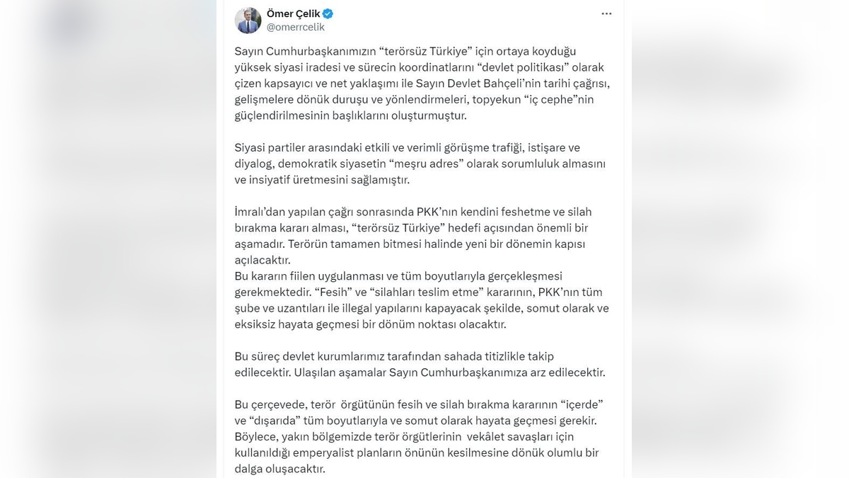 Ömer Çelik: PKK'nın silah bırakma kararı önemli bir aşama