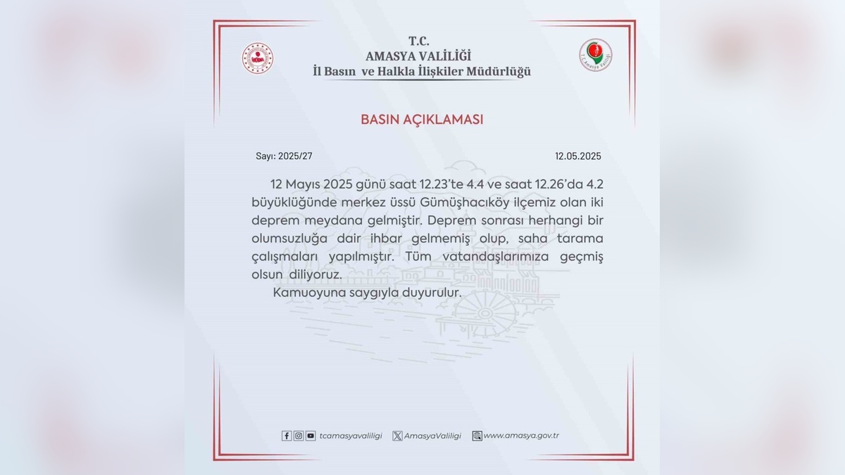 Amasya Valiliği: Depremlerde olumsuzluk yok