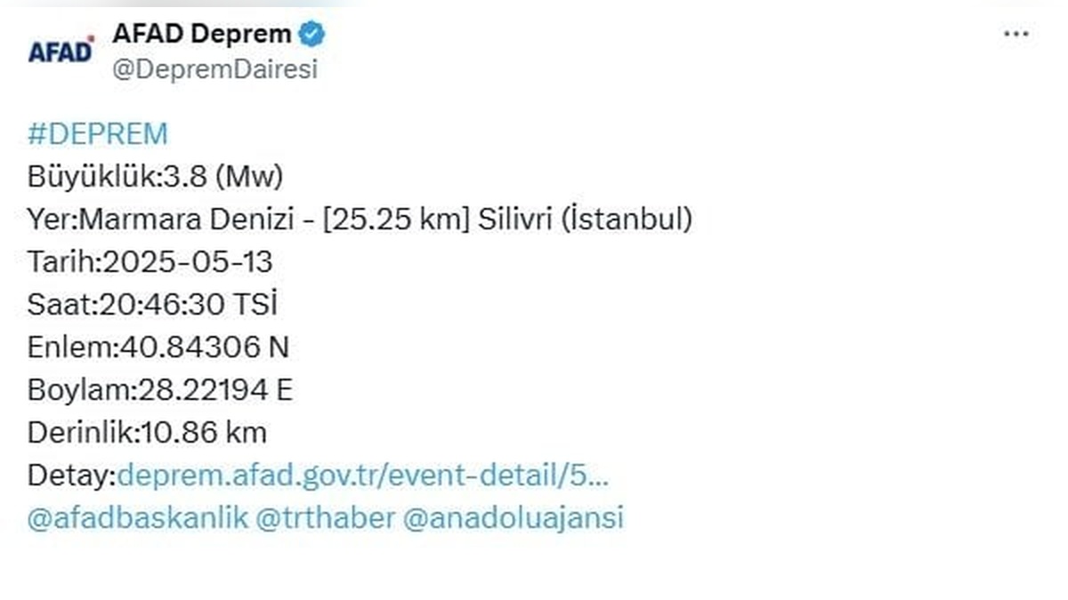 İstanbul Silivri açıklarında 3.8 büyüklüğünde deprem (13-05-2025)