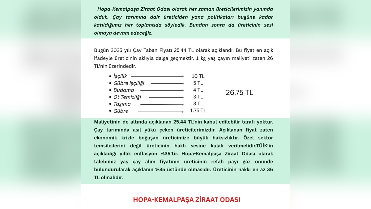Hopa-Kemalpaşa Ziraat Odası Başkanı Muti: Yaş çay taban fiyatı üreticiyi mağdur ediyor