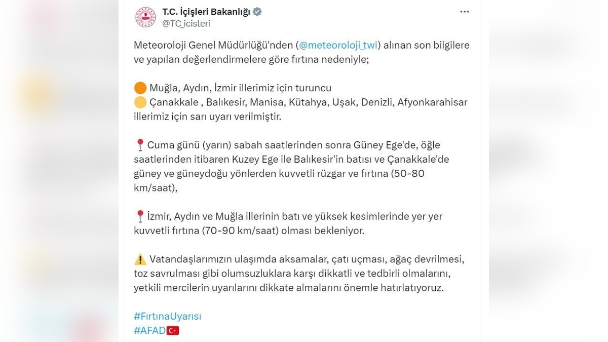 İçişleri Bakanlığı'ndan fırtına uyarısı: 3 ilde turuncu, 7 ilde sarı kod