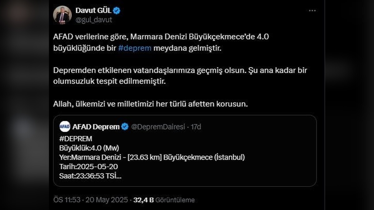 İstanbul açıklarında 4.0 büyüklüğünde deprem: Vali Gül'den açıklama