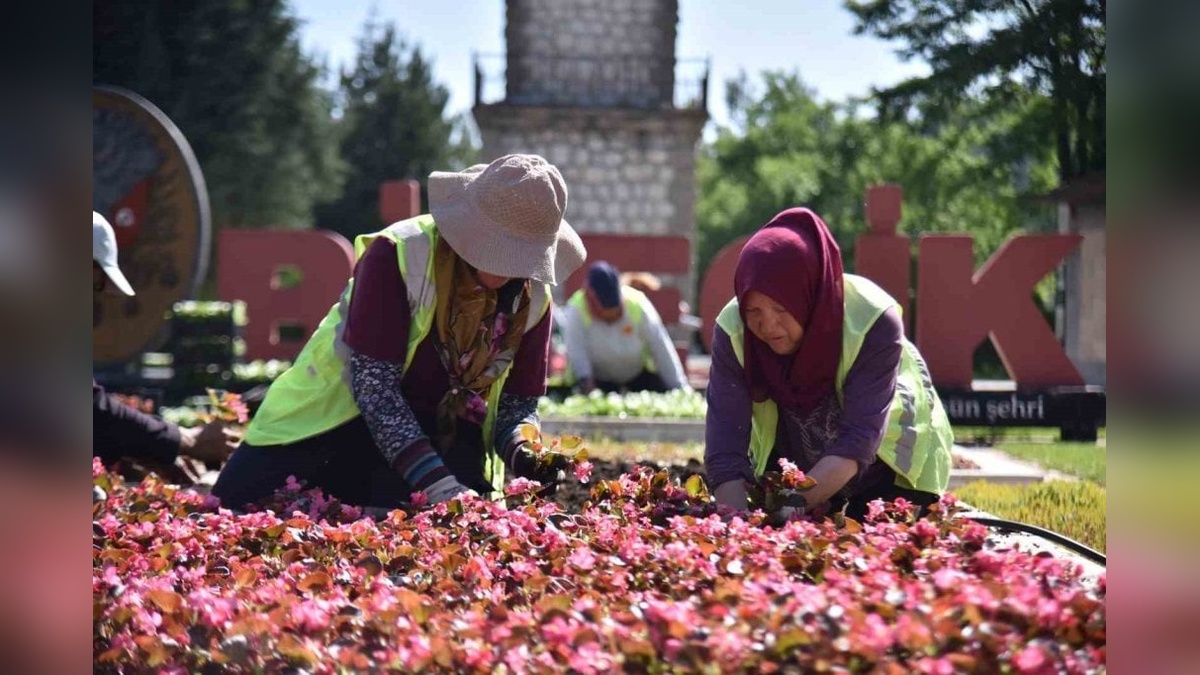 Bilecik Belediyesi kadın çalışanları şehri rengarenk çiçeklerle süslüyor