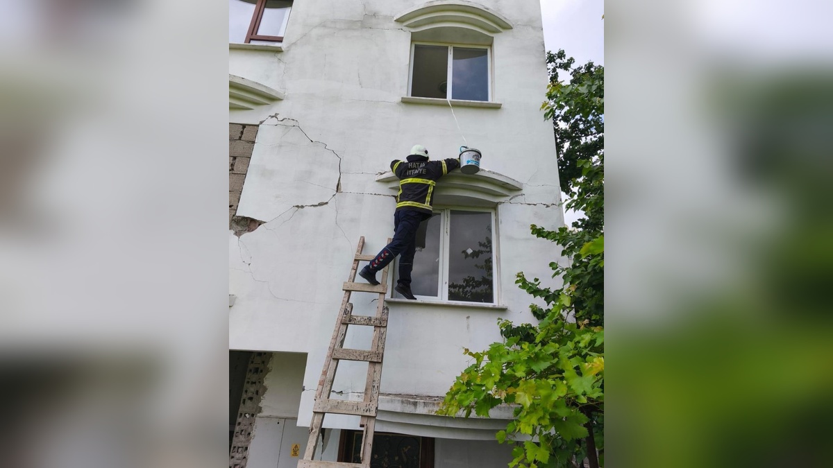 Hatay'da hasarlı binada mahsur kalan kedi itfaiye tarafından kurtarıldı