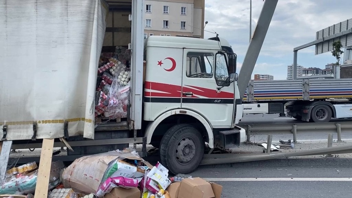 Başakşehir'de kamyon kazası: Kedi ve köpek mamaları yola saçıldı