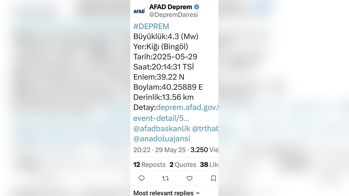 Bingöl'ün Kiğı ilçesinde 4,3 büyüklüğünde deprem meydana geldi