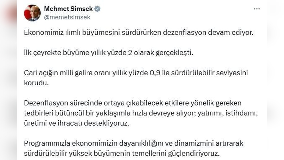Bakan Şimşek: İlk çeyrek büyüme yüzde 2