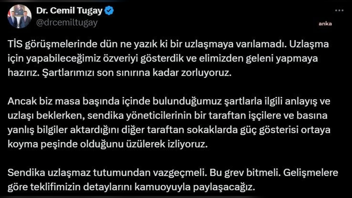 İzmir Büyükşehir Belediye Başkanı Tugay: Sendika uzlaşmaz tutumundan vazgeçmeli