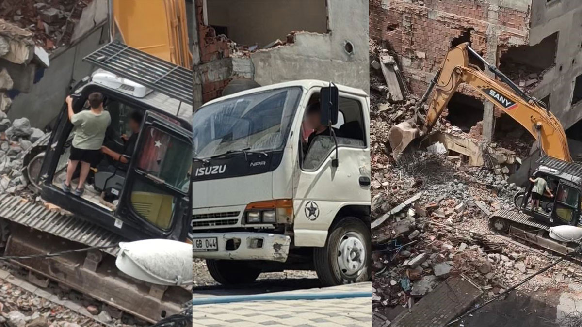 Amcasının kepçesini kullanmaya çalışan iki çocuk yürekleri ağza getirdi