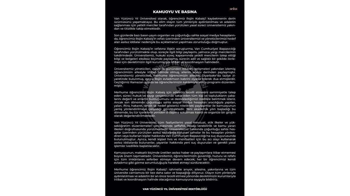 Üniversiteden Rojin Kabaiş'in ölümüyle ilgili açıklama