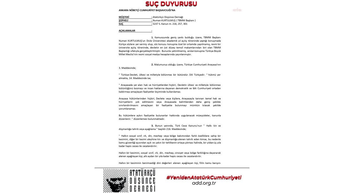 ADD, Numan Kurtulmuş hakkında suç duyurusunda bulundu