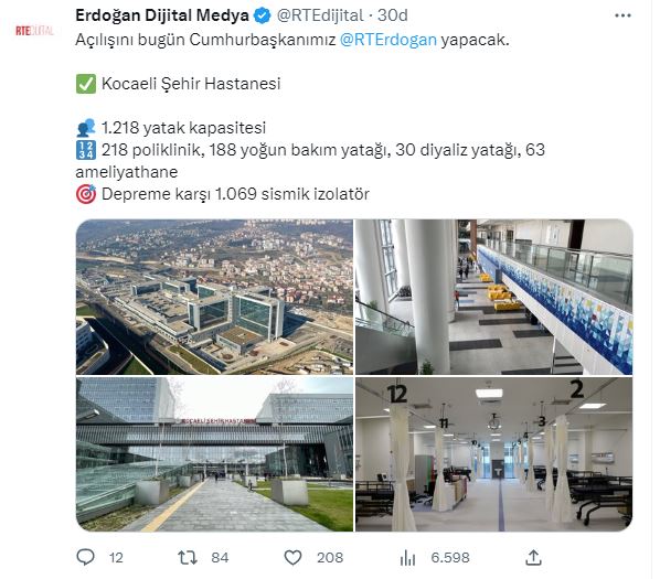 Cumhurbaşkanlığından Kocaeli Şehir Hastanesi paylaşımı