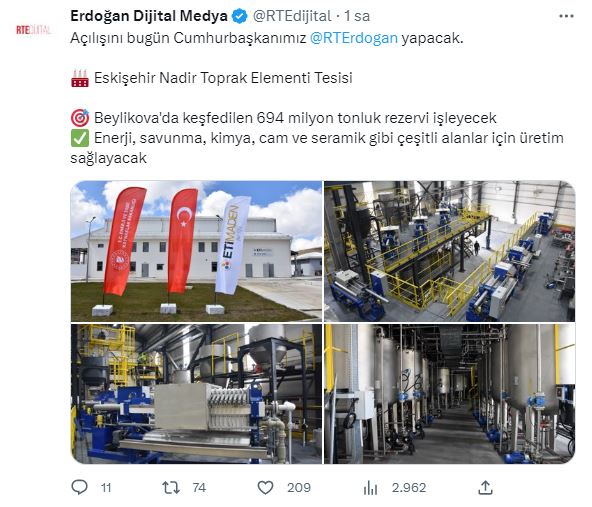 Cumhurbaşkanlığı'ndan Nadir Toprak Elementi Tesisi paylaşımı