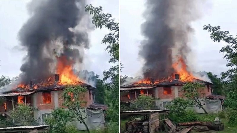 İki katlı ev alev alev yandı