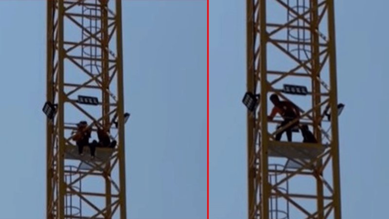 Ücretlerini alamayan işçiler vince çıktı