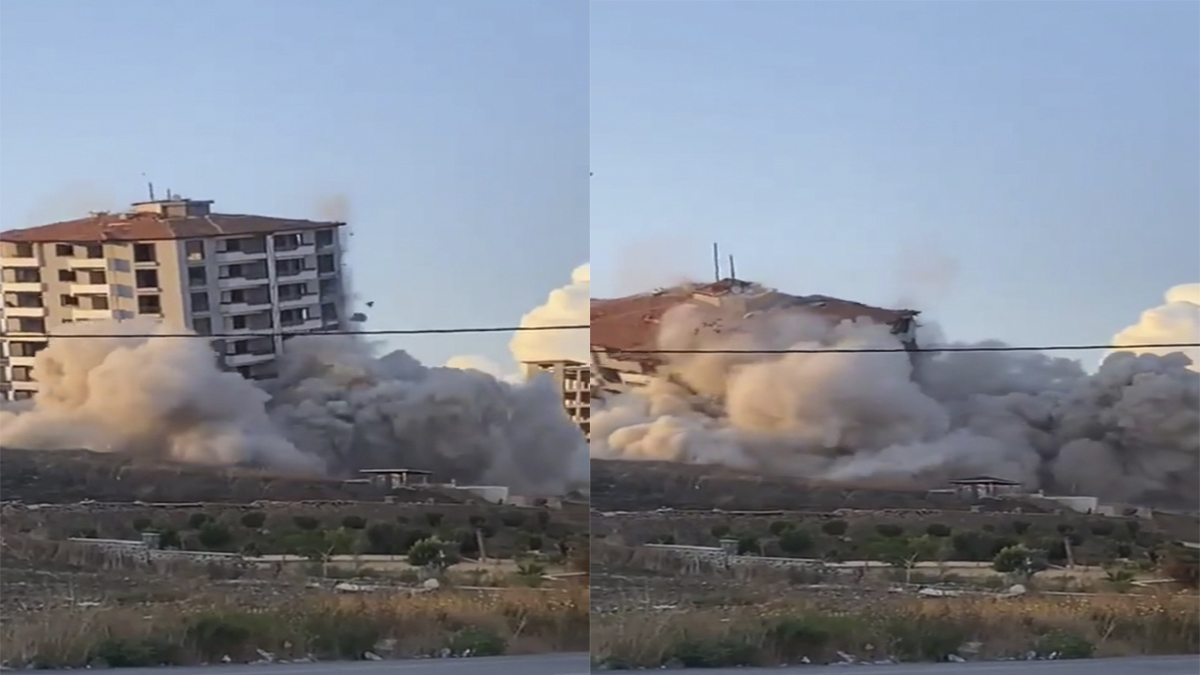 Hatay'da 15 katlı hasarlı bina, dinamitle yıkıldı