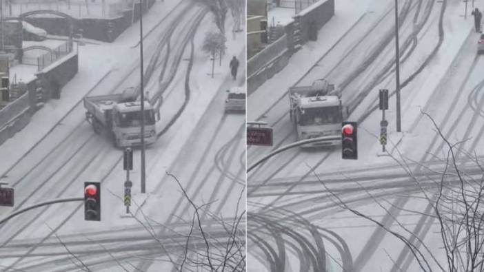 Pendik’te karlı yolda kontrolden çıkan kamyon yokuş aşağı kaydı