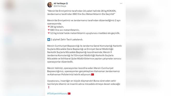 Mersin'de 28 kilo kokain ve 680 litre sıvı metamfetamin ele geçirildi