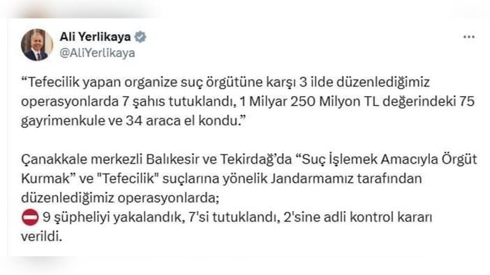 Çanakkale merkezli tefeci operasyonunda 7 tutuklama