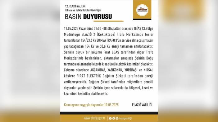 Elazığ'da Pazar günü elektrik kesintisi yaşanacak