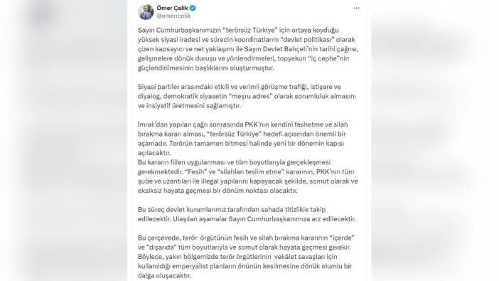 Ömer Çelik: PKK'nın silah bırakma kararı önemli bir aşama