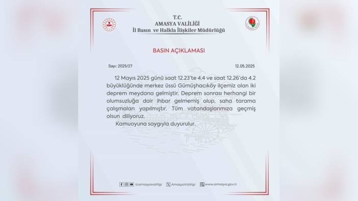 Amasya Valiliği: Depremlerde olumsuzluk yok