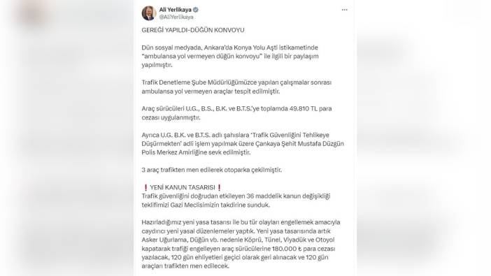 İçişleri Bakanı Yerlikaya: Ambulansa yol vermeyene 49 bin lira ceza