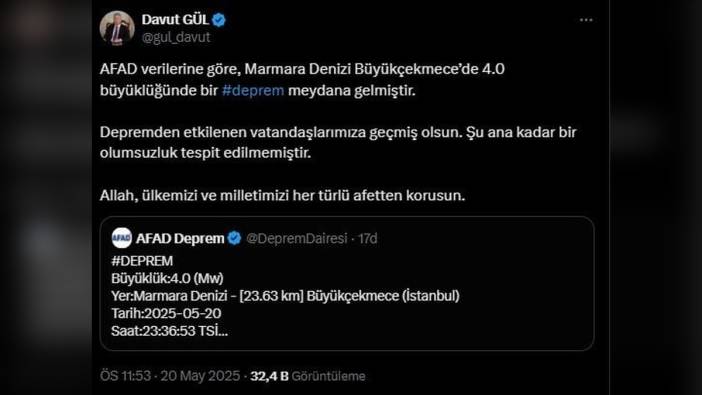 İstanbul açıklarında 4.0 büyüklüğünde deprem: Vali Gül'den açıklama