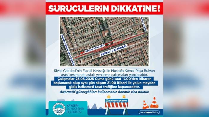 Kayseri Büyükşehir Belediyesi'nden Sivas Caddesi için trafik duyurusu