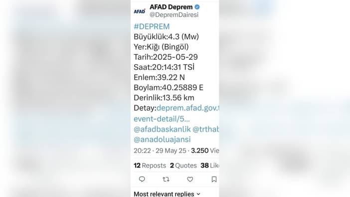 Bingöl'ün Kiğı ilçesinde 4,3 büyüklüğünde deprem meydana geldi