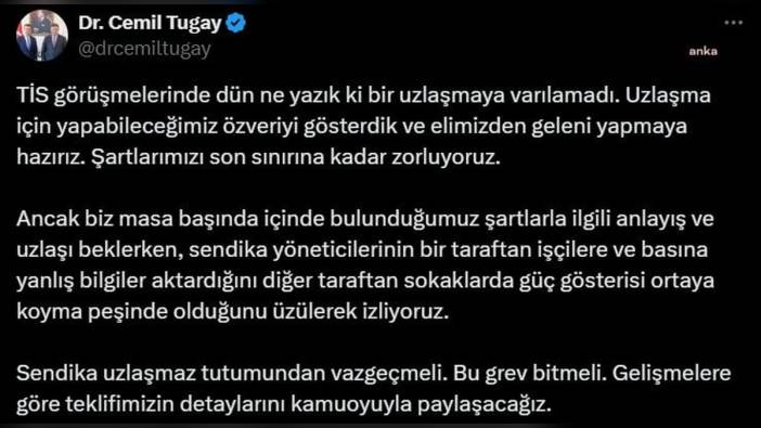 İzmir Büyükşehir Belediye Başkanı Tugay: Sendika uzlaşmaz tutumundan vazgeçmeli