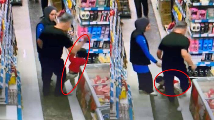 Market ortasında çocuğunu defalarca tekmeledi!