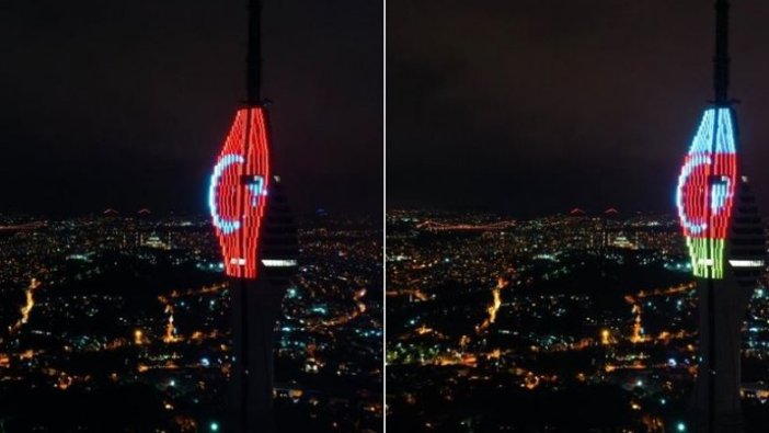 Çamlıca Kulesi'ne Türkiye ve Azerbaycan bayrakları yansıtıldı
