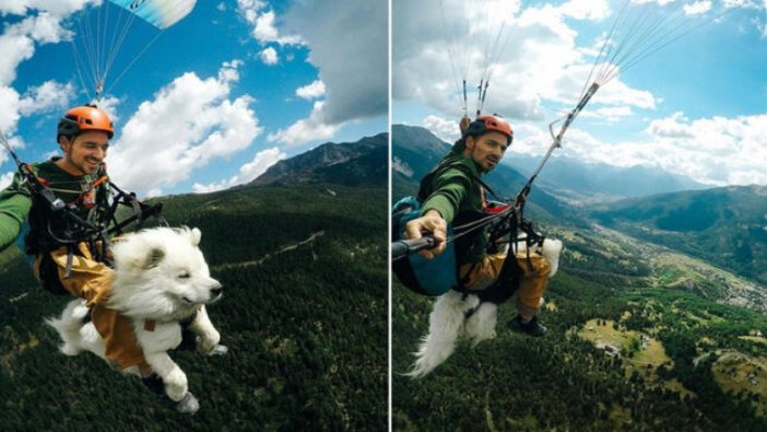 Köpeğiyle birlikte yamaç paraşütü yaptı