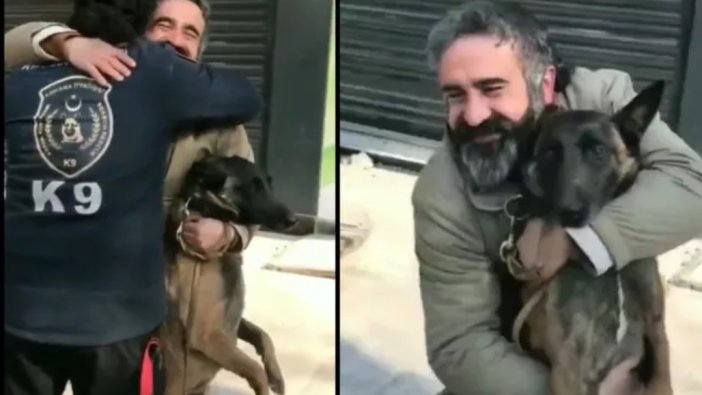 Enkazda yerini bulan köpekle buluşarak teşekkür etti