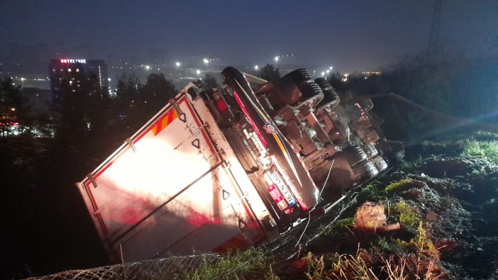 Başakşehir'de kamyon ağaçlık alana devrildi