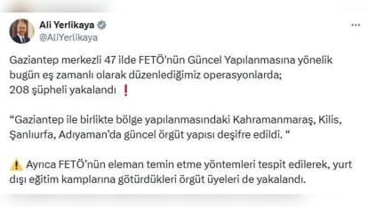 Ali Yerlikaya: 47 ilde FETÖ operasyonu, 208 gözaltı